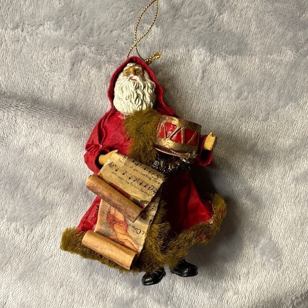 Vintage Ornament Santa in a Hooded Robe with Music And Drum